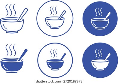 Seis cuencos azules y blancos de sopa humeante con cucharas