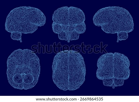 Six blue wireframe brain shapes arranged symmetrically on a dark blue background, representing different brain regions. The design creates a calming and peaceful atmosphere with its cool tones.