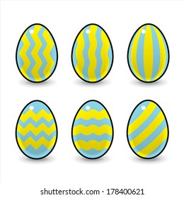 Six Blue and Yellow Variously Striped Decorated Easter Eggs on White Background - Vector