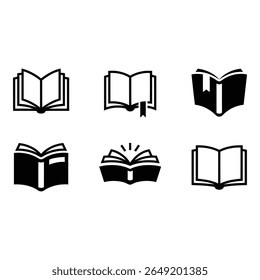 Six Bold Black Book Icons Open Closed Bookmark and Glowing Simple Modern Education Concept