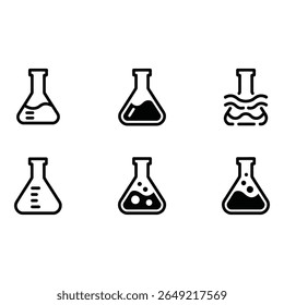 Six Bold Black Erlenmeyer Flask Icons Empty Filled Boiling and Measurement Mark Variations