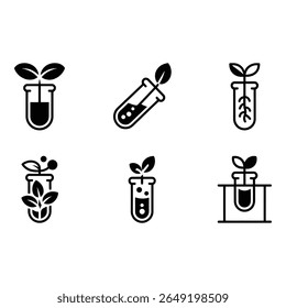 Seis negrito preto ícones planta brotar no tubo de ensaio biotecnologia ciência natureza crescimento experimento