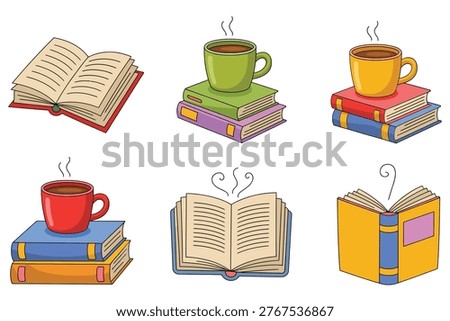 Six of books and coffee cups open book closed book stack of books
