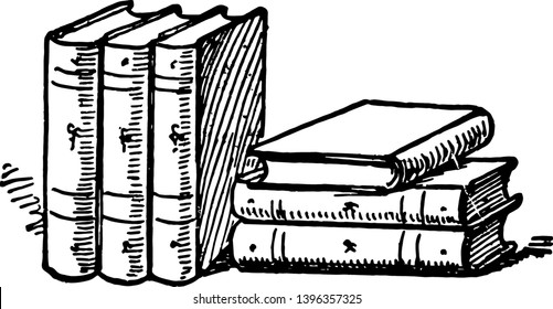 Six Books or collections of books book reading pile of books vintage line drawing or engraving illustration.