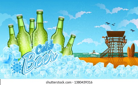 Six bottles of beer in ice cubes with beach landscape