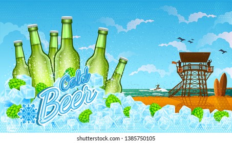 Six bottles of beer in ice cubes and hops cones, with beach landscape
