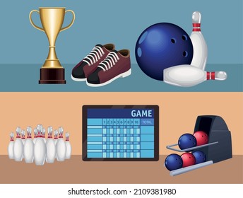 six bowling sport set icons