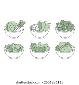Six Bowls of Fresh Green Vegetables Minimalist Line Art Illustration Healthy Eating Concept
