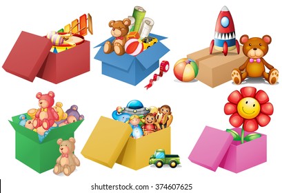 Six boxes of toys illustration