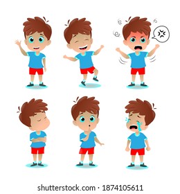 Six boys with different emotions on a white background