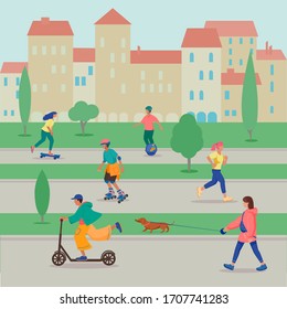 Six boys and girls are engaged in an active form of recreation in urban environment:running,walking dog,roller skating,skateboarding,using electric scooter,monocycle. Flat cartoon vector illustration.