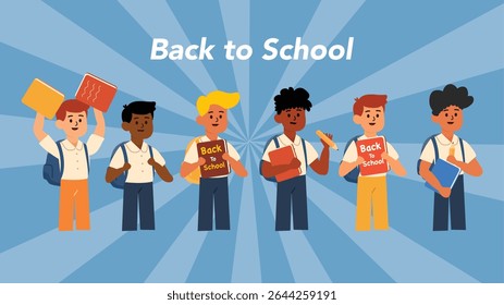 Six boys standing in front of bright banner happily holding school books