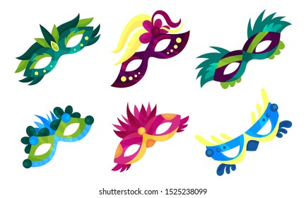 Six Bright Colorful Carnival Masks Vector Illustrations Set