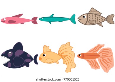 Six bright fish on a white background. Vector.