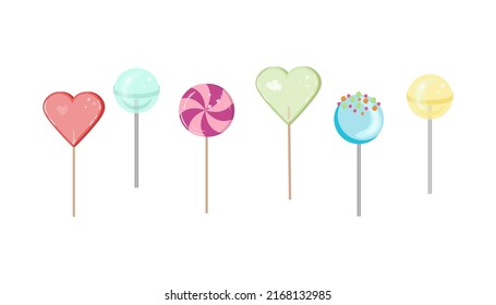 Six bright shiny sugar lollipops on a stick
