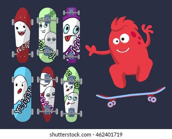 Six bright skateboard with pictures of cute ghosts on a dark background with a red monster. Vector illustration
