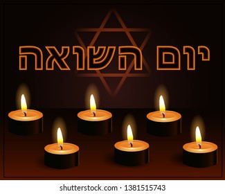 six burning candles and Hebrew text "Yom Ha Shoah"- in English as Holocaust Remembrance Day
