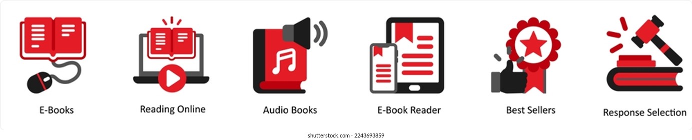 Six business icons in red and black as e books, reading online, audio books