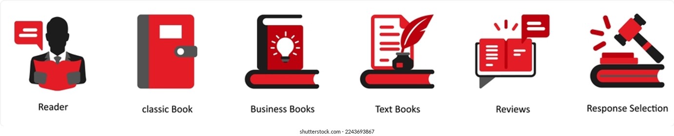 Six business icons in red and black as reader, classic book, business books