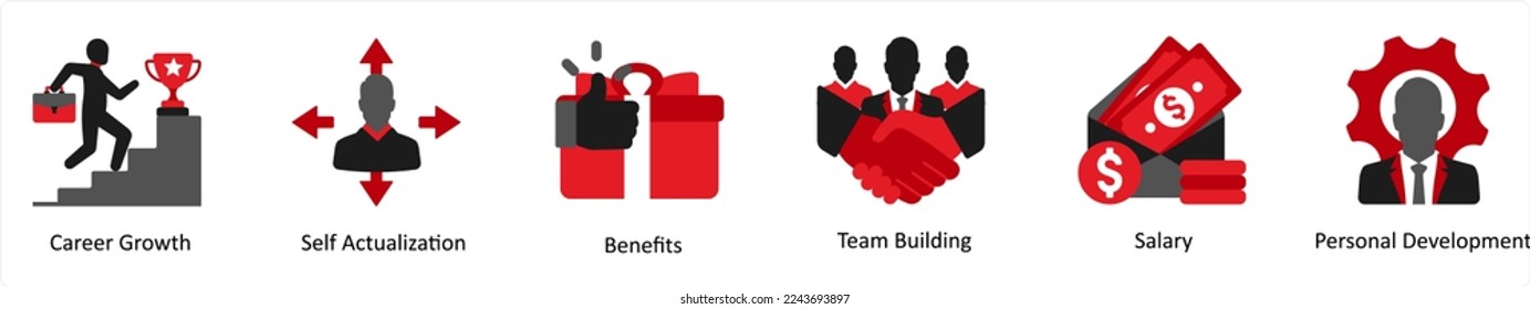 Six business icons in red and black as career growth, self actualization, benefits