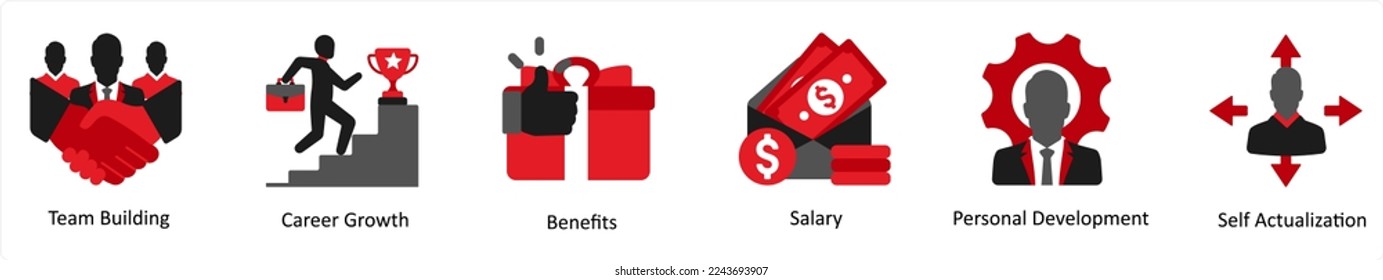 Six business icons in red and black as team building, career growth, benefits