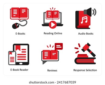 Six business icons in red and black as e books, reading online, audio books