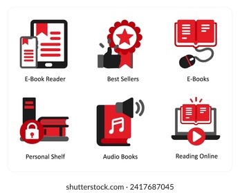 Six business icons in red and black as e book reader, best sellers, e books