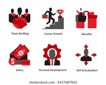 Six business icons in red and black as team building, career growth, benefits