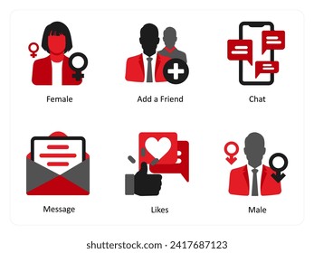 Six business icons in red and black as female, add a friend, chat