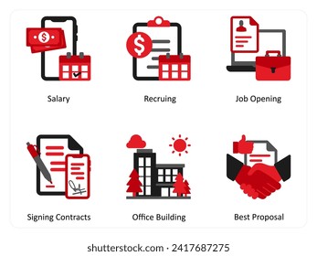 Six business icons in red and black as salary, recurring, job opening