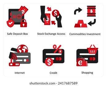 Six Business icons in red and black as safe deposit box, stock exchange access, commodities investment