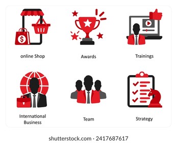 Six Business icons in red and black as online shop, awards, trainings