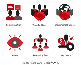 Six business icons in red and black as communication, team building, international business