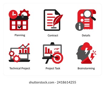Six business icons in red and black as planning, contract, details