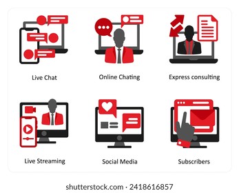Six business icons in red and black as live chat, online chatting, express consulting