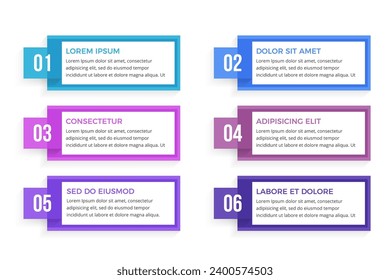 Six business infographic design elements with numbers and text, process, workflow template, vector eps10 illustration