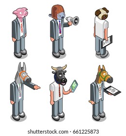 Six businessmen with animals heads like pig, fish, pug, donkey, bull and horse, some holding clipboards, tablet and megaphone (isometric character illustration)