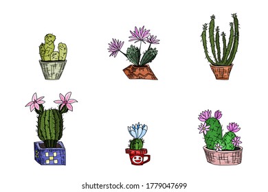 six cacti on a white background. doodle sketch drawing vector