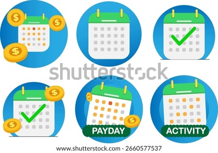Six calendar icons are displayed, some with coins, checkmarks, and the words "payday" and "activity."