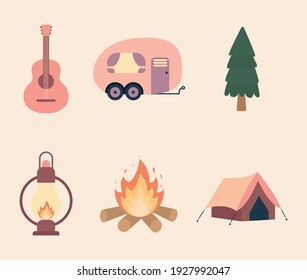 six camping equipment set icon