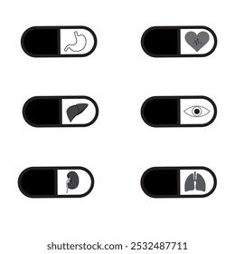 Six capsules pills with human body organs inside