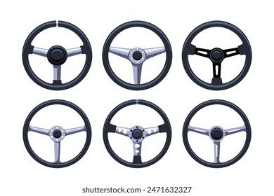 Six Car Steering Wheels On A White Background. Variety Of Designs Showcasing Different Styles For Automotive Use