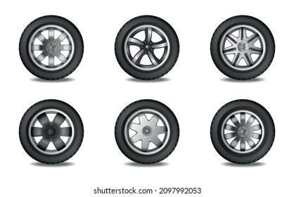 Six car wheels with different disk forms realistic monochrome set isolated on white background vector illustration