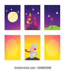 Six cards with cartoon decor. The unicorn, the elephant, the stars, the moon are located on them.