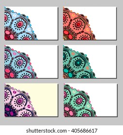 Six cards with colorful beautiful Mandalas. Vector illustration