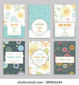 Six cards with floral ornaments. Collection of romantic wedding and thank you cards with doodle style patterns. Template for greeting or save the date card or invitation. Vector illustration.