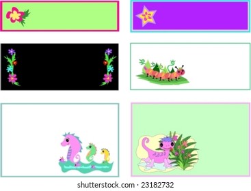 Six Cards of Seahorses, Gecko, Caterpillar, Stars, and Flowers Vector