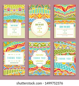 Six cards templates with bright ethnic ornaments. Collection of romantic wedding and thank you cards with boho patterns. Invitations layouts for greeting or save the date. Vector illustration.