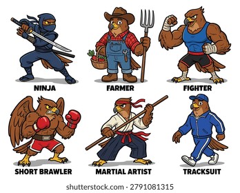 Six cartoon animals dressed as ninja, farmer, fighter, short brawler, martial artist, tracksuit