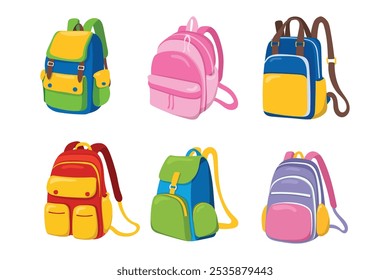 Seis mochilas de dibujos animados en varios colores, con bolsillos y correas.